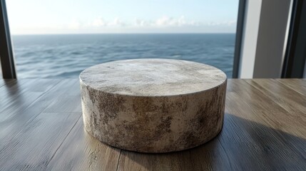 Naklejka premium Ocean view, textured platform, wood floor, display