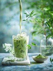 Ice matcha drink is steeped in a glass in a hot atmosphere with cream on top Generate AI