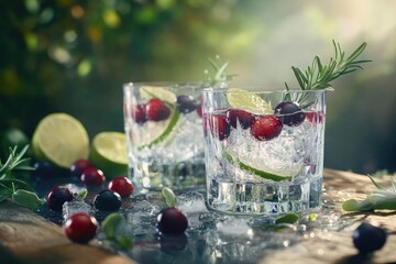 Cranberries, lime, rosemary cocktails, garden setting, refreshment