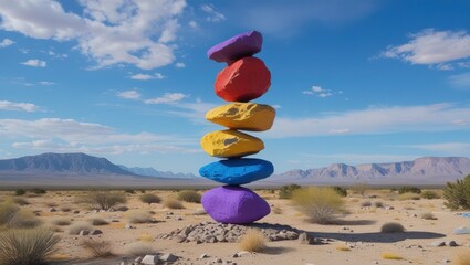 Vibrant Painted Rock Stack in Desert Landscape with Blue Sky