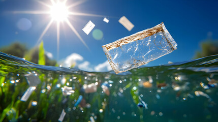 Plastic pollution floats on ocean surface; sunlit; underwater plants visible; environmental awareness campaign image