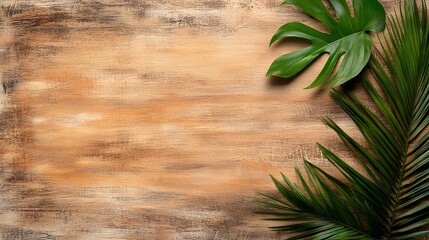 Textured Wooden Surface with Tropical Leaves for a Natural and Earthy Aesthetic
