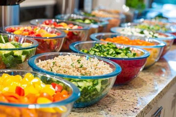 Healthy meal prep features a tidy kitchen with vibrant bowls of fresh vegetables, lean proteins, and grains, fostering a wellness-oriented lifestyle.