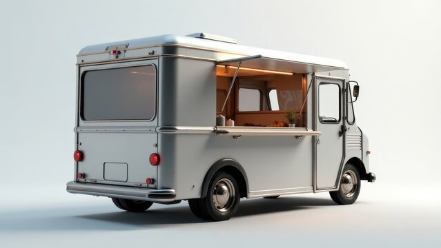 A vintage-style food truck, gleaming silver, with its service window open, ready to serve culinary delights from its retro-fitted interior.