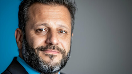 Portrait of a middle-aged man with a beard, studio shot against a blue and grey background, ideal for business profiles or corporate websites