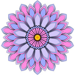 A symmetrical illustration of a flower with layered petals in shades of pink and purple. The design features a yellow center surrounded by concentric black outlines.