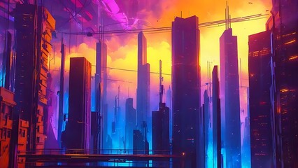 Neon Metropolis: Futuristic Cityscape at Sunset
