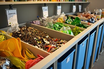 Prominently featured recycling guides accompany assorted recyclable materials, with informative graphics and clearly labeled, organized bins to enhance environmental awareness.