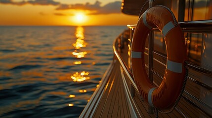 Sunset yacht deck with life preserver