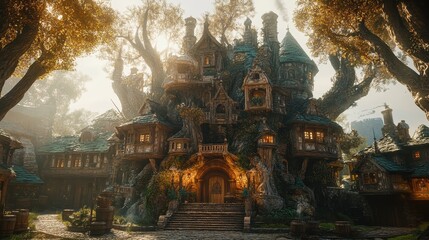 Obraz premium Enchanting Treetop Village Home Nestled Amongst Ancient Trees