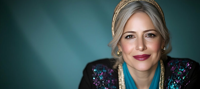 Portrait of a woman with blonde hair and a headband, wearing an embroidered jacket against a teal background. Ideal for articles about fashion, beauty, or empowerment