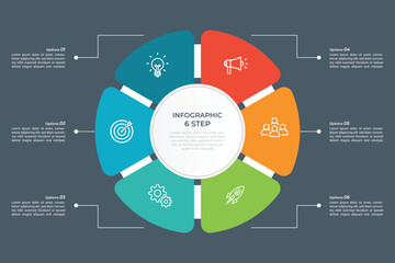 Pie Chart Glassmorphism Infographic Template With 6 Options, Steps, Parts, Segments. Vector Illustration For Business Financial Report