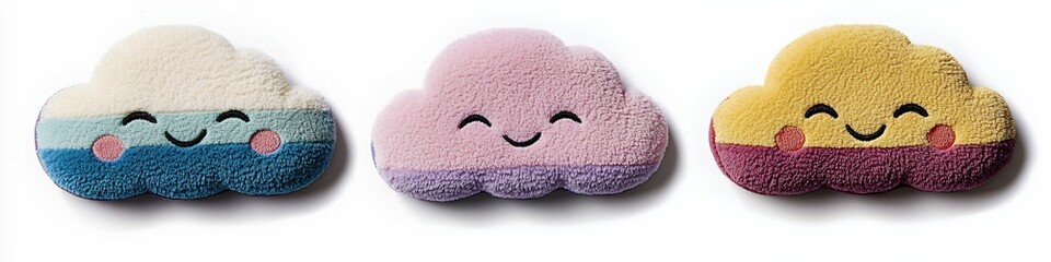 Three Colorful Playful Cloud-Shaped Decorations with Smiling Faces Isolated on White Background