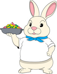 Cute Chef Rabbit Holding a Plate of Delicious Food in Cartoon Style