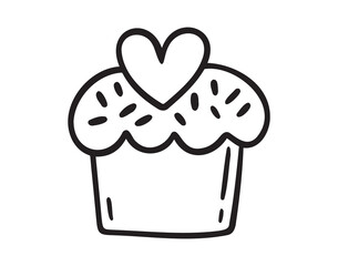 cute muffin with heart for Valentines Day doodle hand drawn icon. Outline drawing cute muffin with heart for Valentines Day line clipart symbol