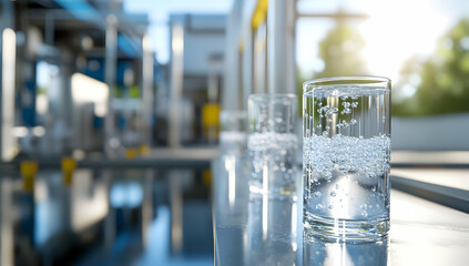 Pure water glasses at a modern water treatment plant, showcasing clean water production; ideal for environmental reports or sustainability campaigns