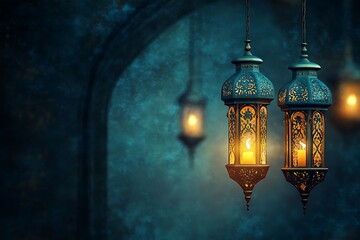 Lantern with burning candle on dark background. Ramadan Kareem concept