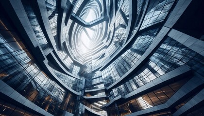 Looking up at contemporary glass and concrete structure