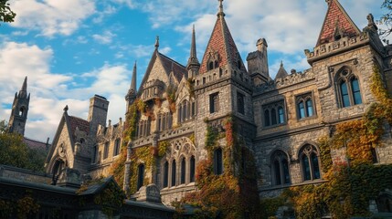 Fototapeta premium Autumn Vines Cover an Ancient Stone Castle