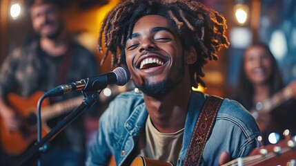 Obraz premium group of young musicians delivering a high energy performance on a festival stage captivating the audience with live music passion and talent