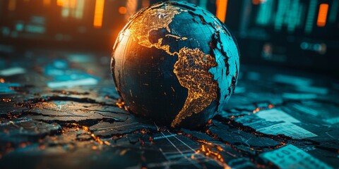 Damaged globe showing america illustrating trade wars and geopolitical conflicts