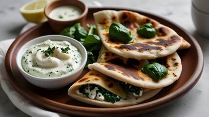 A steaming plate of stuffed flatbreads, filled with spinach and cheese, placed next to a bowl of yogurt