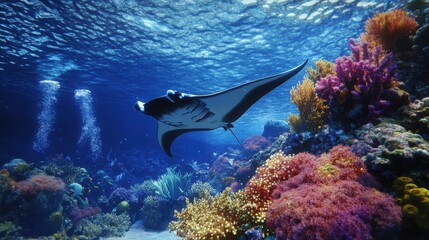 Dramatic underwater scene with a giant manta ray gliding gracefully above a coral reef