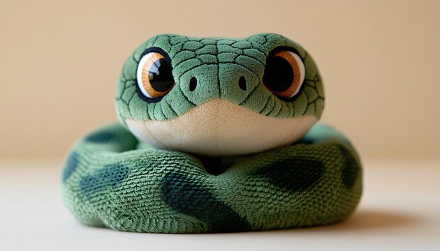 Playful green plush snake toy, symbol of 2025 Year of the Snake. Soft, friendly, and minimalist, ideal for kids content, new year designs, and educational materials. Copy space available.