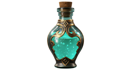Potion Bottle with Glowing Turquoise Liquid on Black Background for Fantasy