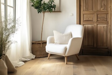 Scandinavian-inspired apartment with a white armchair, natural wooden flooring, and minimalistic modern design