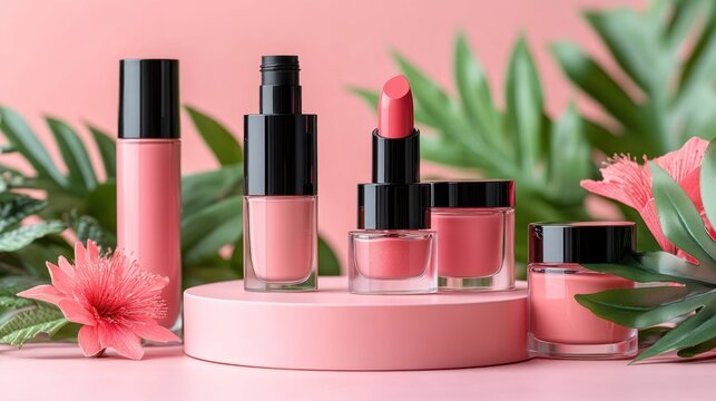Pink cosmetics display, tropical leaves, pink background, beauty product shot
