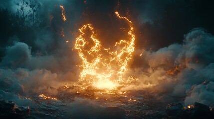 Fototapeta premium Fiery abstract form in stormy clouds. Dramatic glowing scene. Possible use Background image, wallpaper