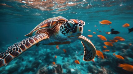 Fototapeta premium Underwater sea turtle swimming among coral reef fish