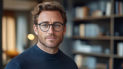 Fototapeta premium corporate executive with confident expression wearing glasses and suit posing in contemporary office with leadership attitude and career success focus