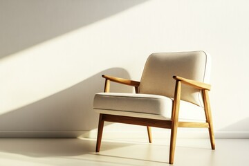 Fototapeta premium Scandinavian-style armchair, light wood and soft upholstery, positioned in a white-walled room with warm lighting, ultra-sharp, stylish and clean aesthetic