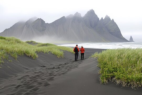Two people walk along a black sand beach near mountains