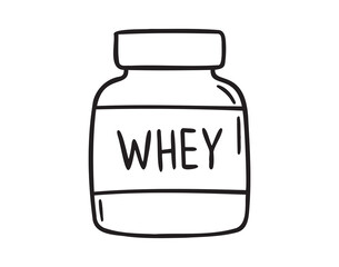 whey protein bottle doodle hand drawn icon set. Outline drawing protein packaging line clipart symbol collection
