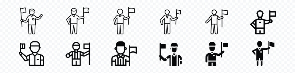 Soccer Linesman Referee Holding Flag Icon – Assistant Referee Signaling Offside in Football Match Illustration