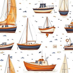 Flat style seamless pattern of yachts, isolate on a white background, featuring a simple and modern aesthetic.