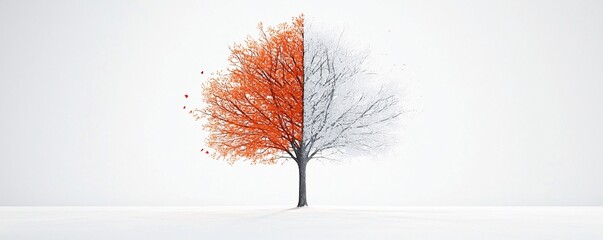 a tree that transforms through the seasons in a single instant, frozen in a moment of change, breathtaking natural details, dynamic lighting, high-resolution realism