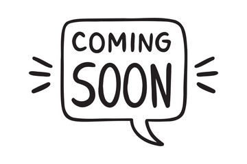Coming Soon lettering text in speech bubble doodle hand drawn icon set. Outline drawing coming soon line clipart symbol collection
