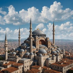 Naklejka premium A highly detailed painting of 15th-century Constantinople, with soft clouds drifting across a pure blue sky.