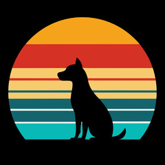 A black silhouette of a retro vintage dog sitting on a beach with a retro sunset, retro vintage dog vector illustration 