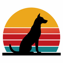 A black silhouette of a retro vintage dog sitting on a beach with a retro sunset, retro vintage dog vector illustration 
