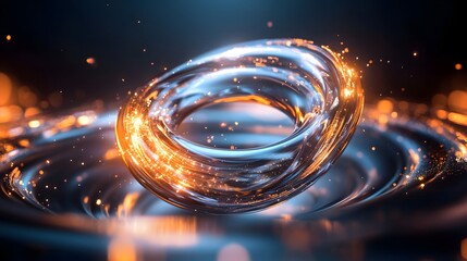 an abstract and futuristic ring or torus made of shiny metal with glowing particles and a dark blue background with orange light effects