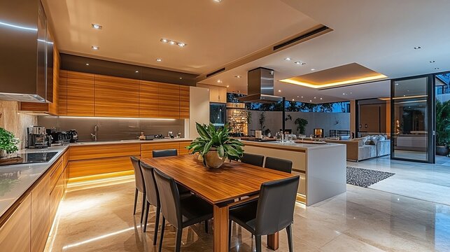 luxury apartment kitchen interior with modern furniture elegant dining setup and stylish lighting in contemporary residential house design