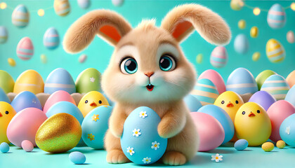 Obraz premium A cheerful and whimsical Easter-themed scene featuring a cute, wide-eyed bunny with a surprised expression