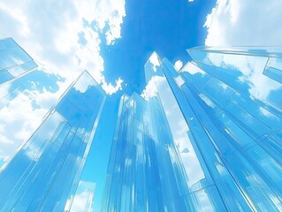 Naklejka na ściany i meble Glass skyscrapers, blue sky, clouds, upward view, futuristic city