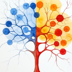 Two Divided Abstract Trees in Blue and Yellow Watercolors with Circular Patterns and Branches