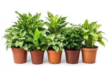 Fototapeta premium Set of indoor potted plants, aesthetically arranged, subtle natural lighting, high-end product photography style, isolated on a white surface